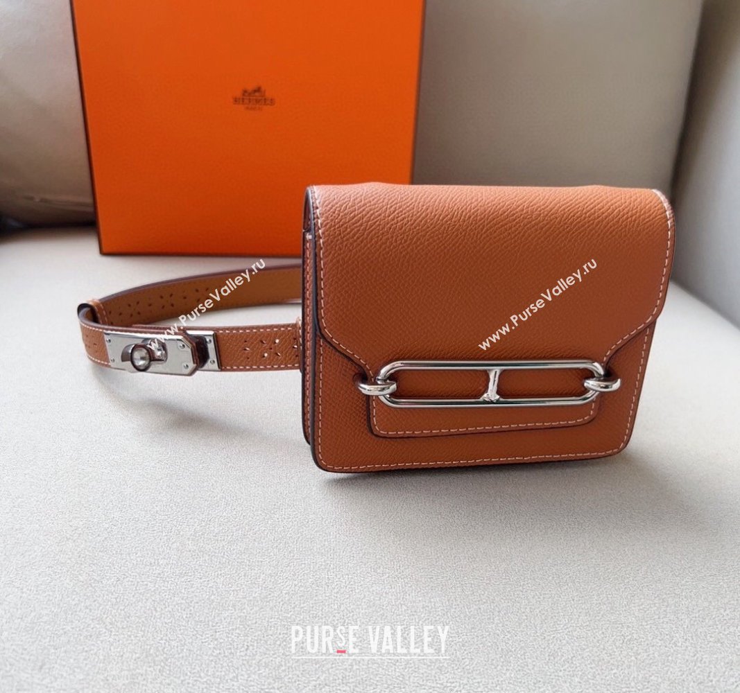 Hermes Roulis Slim Hop Pouch Belt in Grained Calfskin with Perforated Pattern Brown 2024 (99-240706008)