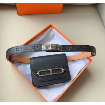 Hermes Roulis Slim Hop Pouch Belt in Grained Calfskin with Perforated Pattern Black 2024 (99-240706009)