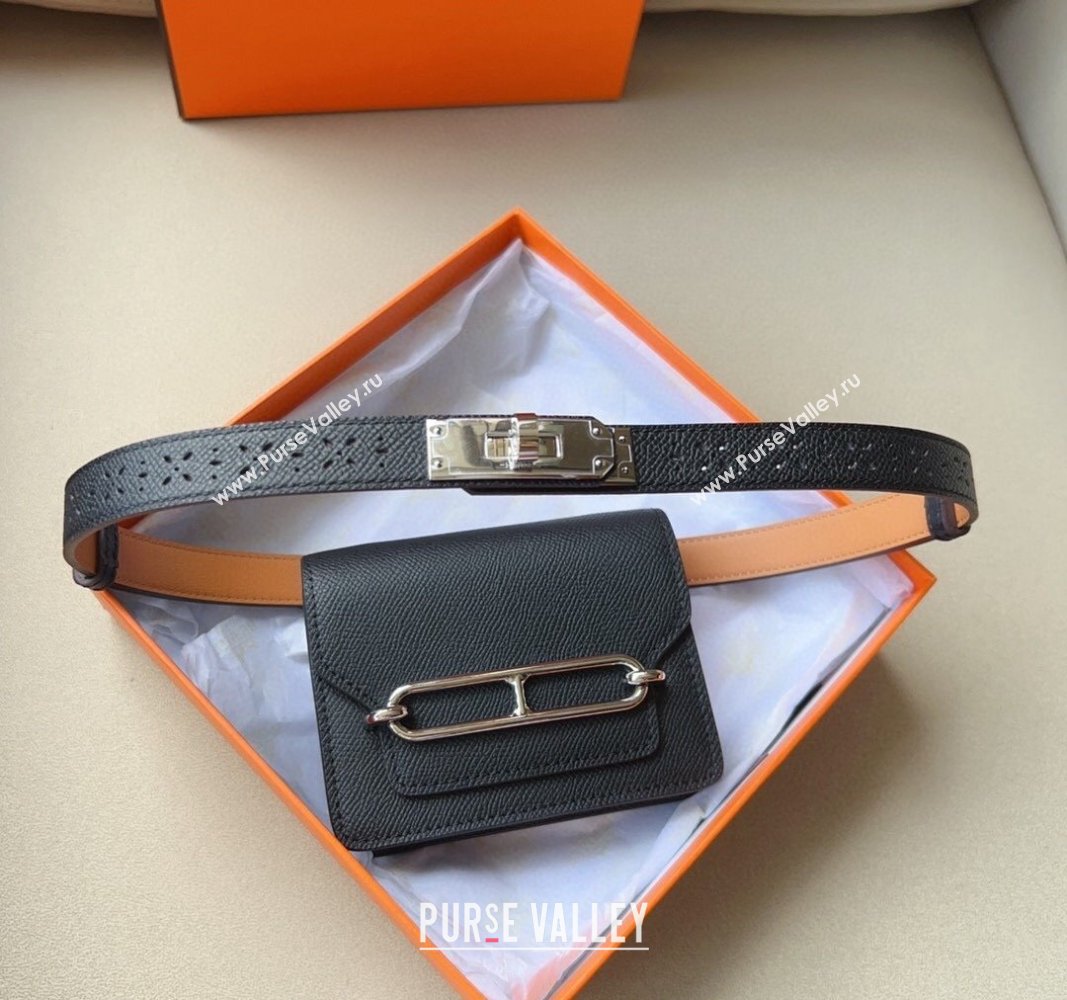 Hermes Roulis Slim Hop Pouch Belt in Grained Calfskin with Perforated Pattern Black 2024 (99-240706009)