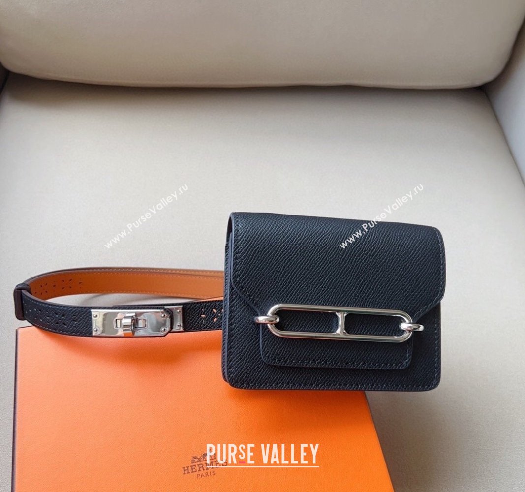 Hermes Roulis Slim Hop Pouch Belt in Grained Calfskin with Perforated Pattern Black 2024 (99-240706009)