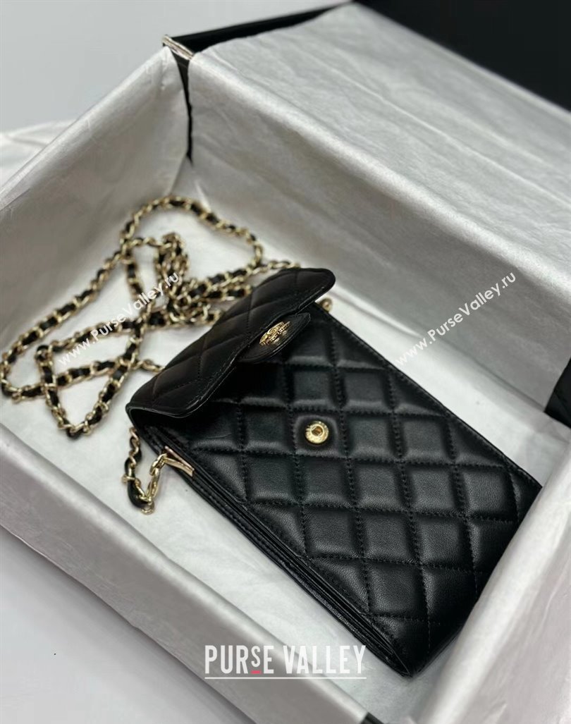 Chanel Quilted Lambskin Phone Holder with Chain Black/Gold 2024 0820 (99-240820045)