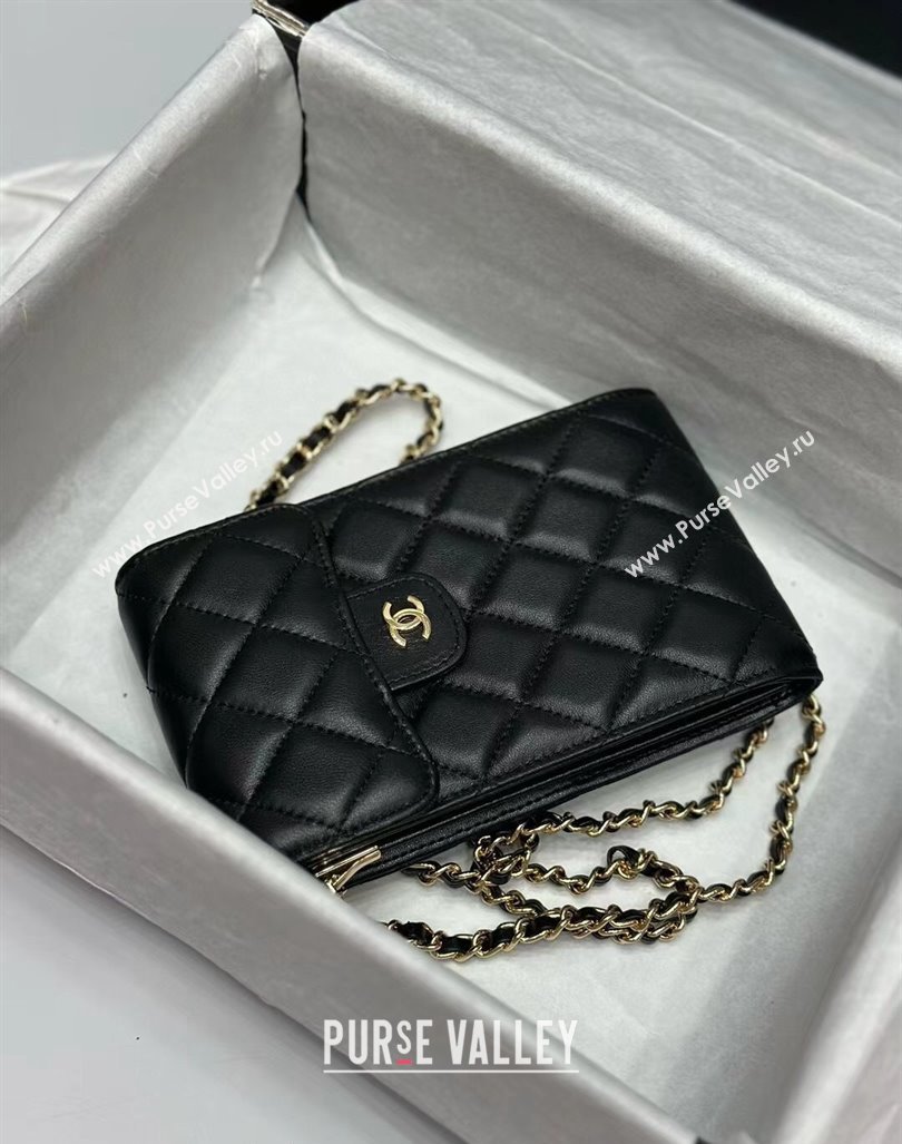 Chanel Quilted Lambskin Phone Holder with Chain Black/Gold 2024 0820 (99-240820045)