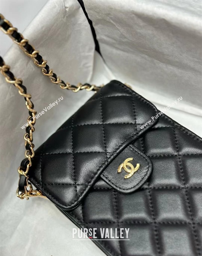 Chanel Quilted Lambskin Phone Holder with Chain Black/Gold 2024 0820 (99-240820045)