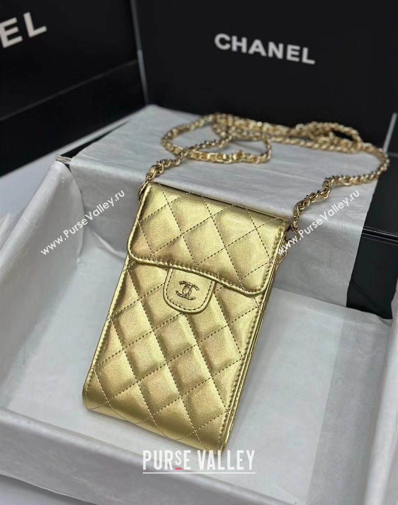 Chanel Calfskin Phone Holder with Chain Gold-Tone 2024 0820 (99-240820046)