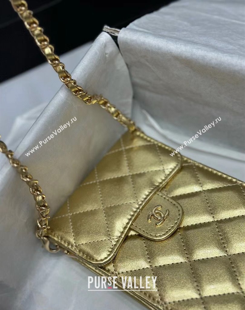 Chanel Calfskin Phone Holder with Chain Gold-Tone 2024 0820 (99-240820046)