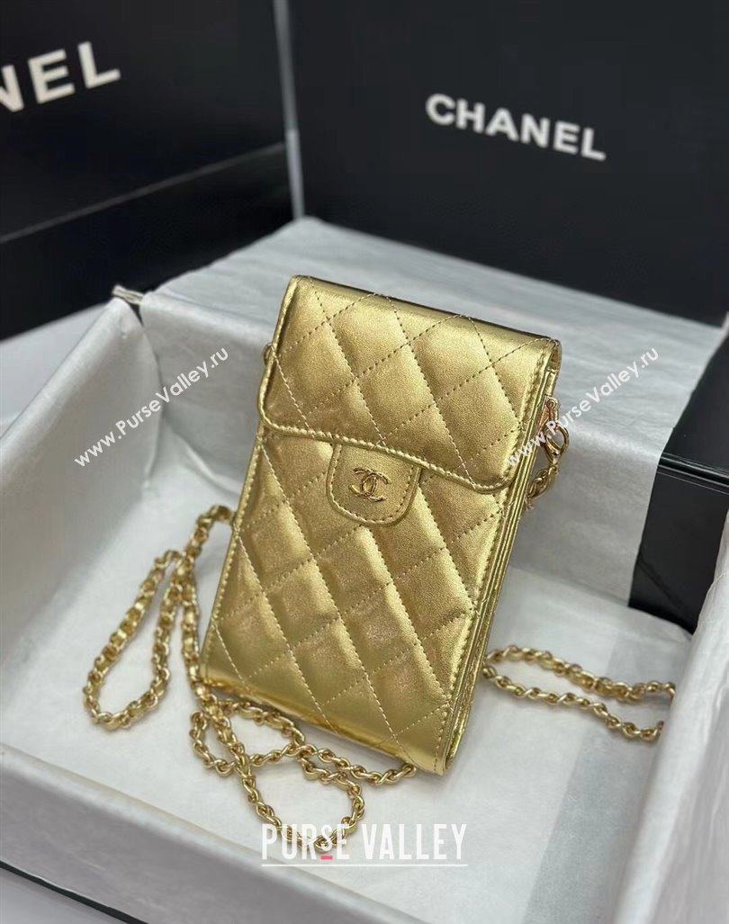 Chanel Calfskin Phone Holder with Chain Gold-Tone 2024 0820 (99-240820046)