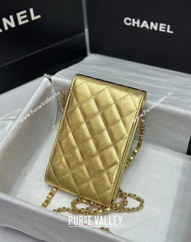 Chanel Calfskin Phone Holder with Chain Gold-Tone 2024 0820 (99-240820046)