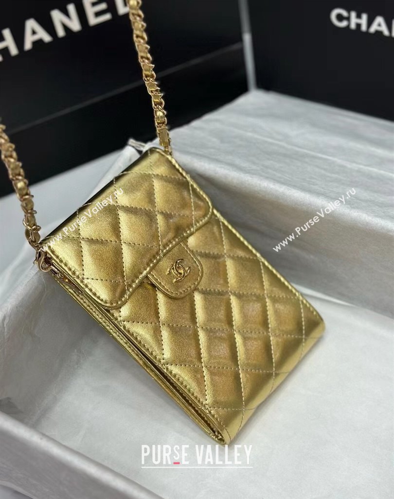 Chanel Calfskin Phone Holder with Chain Gold-Tone 2024 0820 (99-240820046)