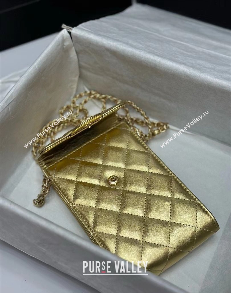 Chanel Calfskin Phone Holder with Chain Gold-Tone 2024 0820 (99-240820046)