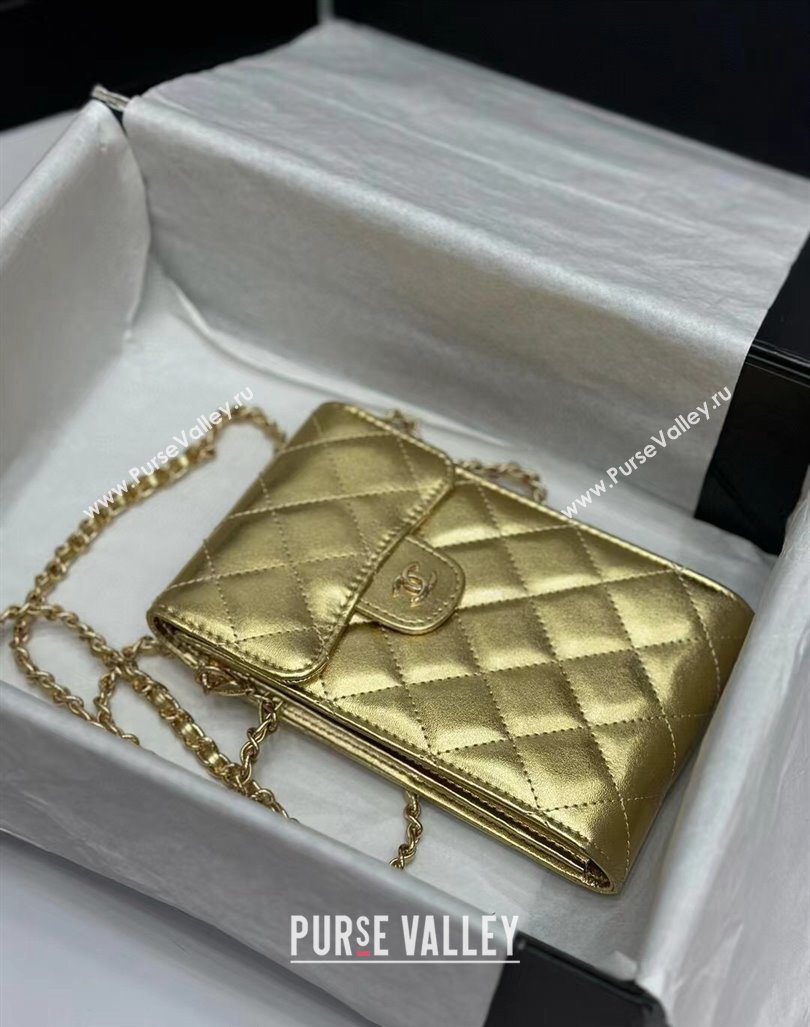 Chanel Calfskin Phone Holder with Chain Gold-Tone 2024 0820 (99-240820046)