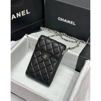 Chanel Quilted Lambskin Phone Holder with Chain Black/Silver 2024 0820 (99-240820048)