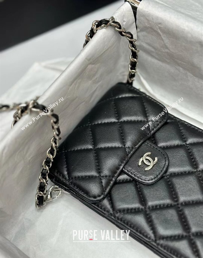 Chanel Quilted Lambskin Phone Holder with Chain Black/Silver 2024 0820 (99-240820048)