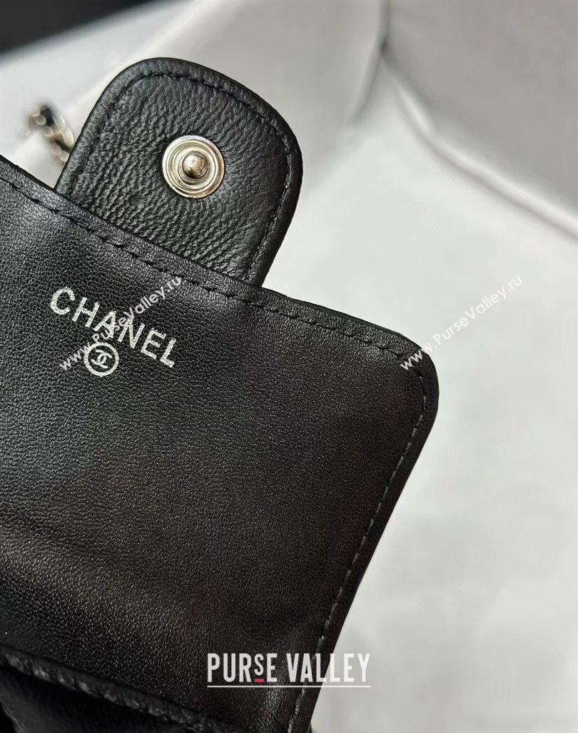 Chanel Quilted Lambskin Phone Holder with Chain Black/Silver 2024 0820 (99-240820048)