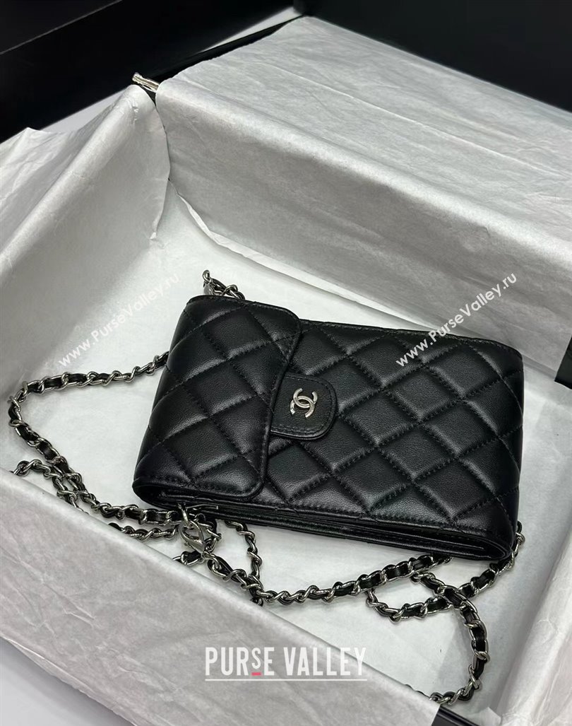 Chanel Quilted Lambskin Phone Holder with Chain Black/Silver 2024 0820 (99-240820048)