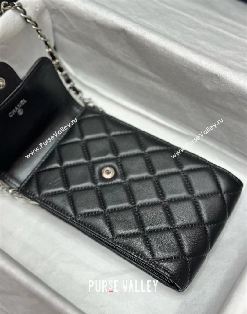 Chanel Quilted Lambskin Phone Holder with Chain Black/Silver 2024 0820 (99-240820048)