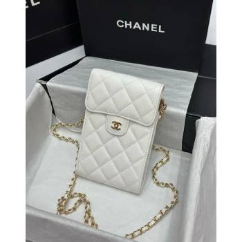 Chanel Grained Calfskin Phone Holder with Chain White/Gold 2024 0820 (99-240820050)