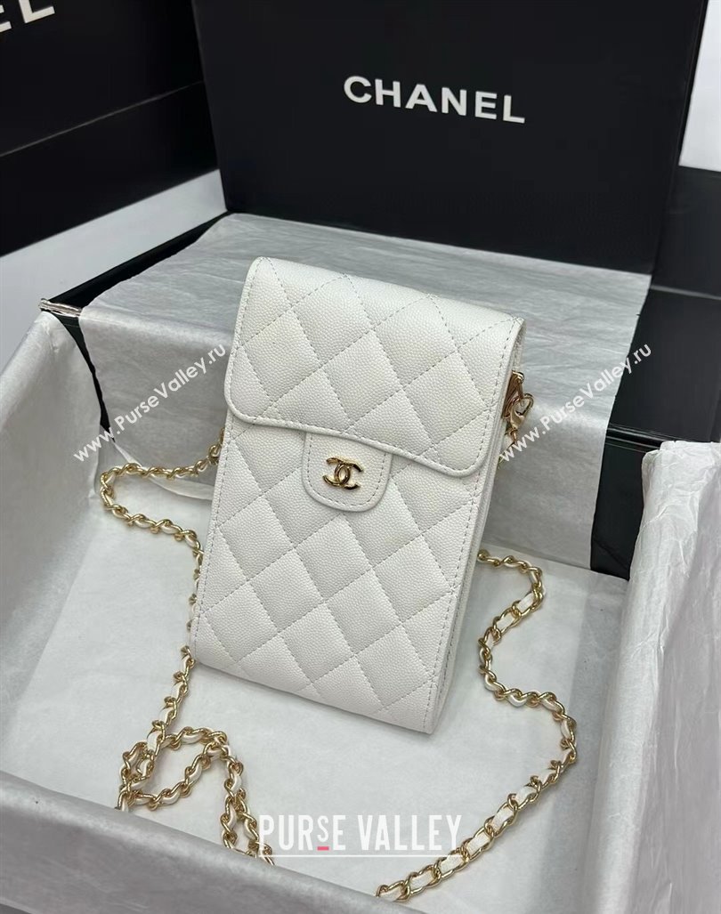 Chanel Grained Calfskin Phone Holder with Chain White/Gold 2024 0820 (99-240820050)