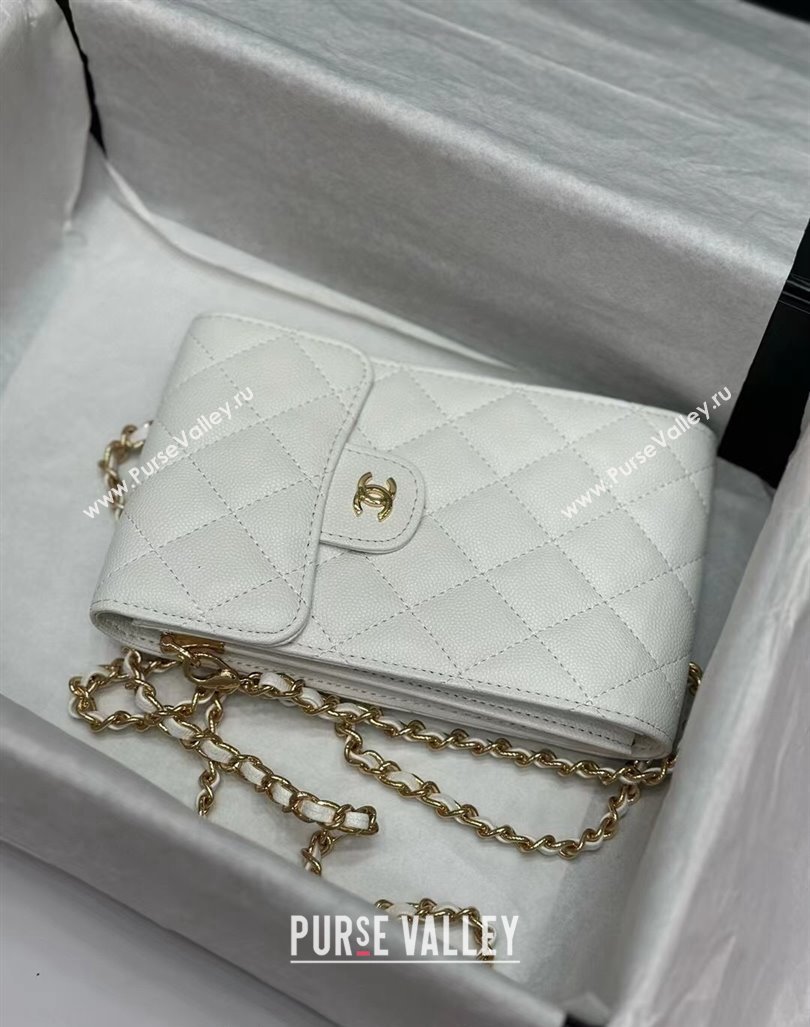 Chanel Grained Calfskin Phone Holder with Chain White/Gold 2024 0820 (99-240820050)