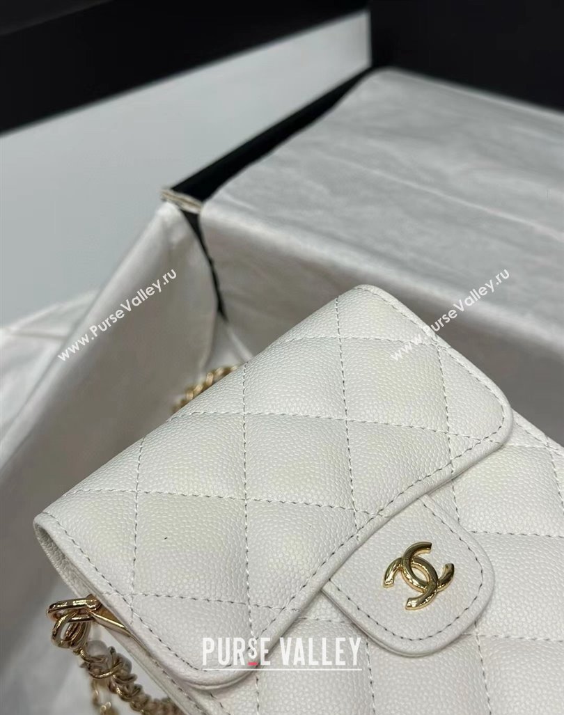 Chanel Grained Calfskin Phone Holder with Chain White/Gold 2024 0820 (99-240820050)