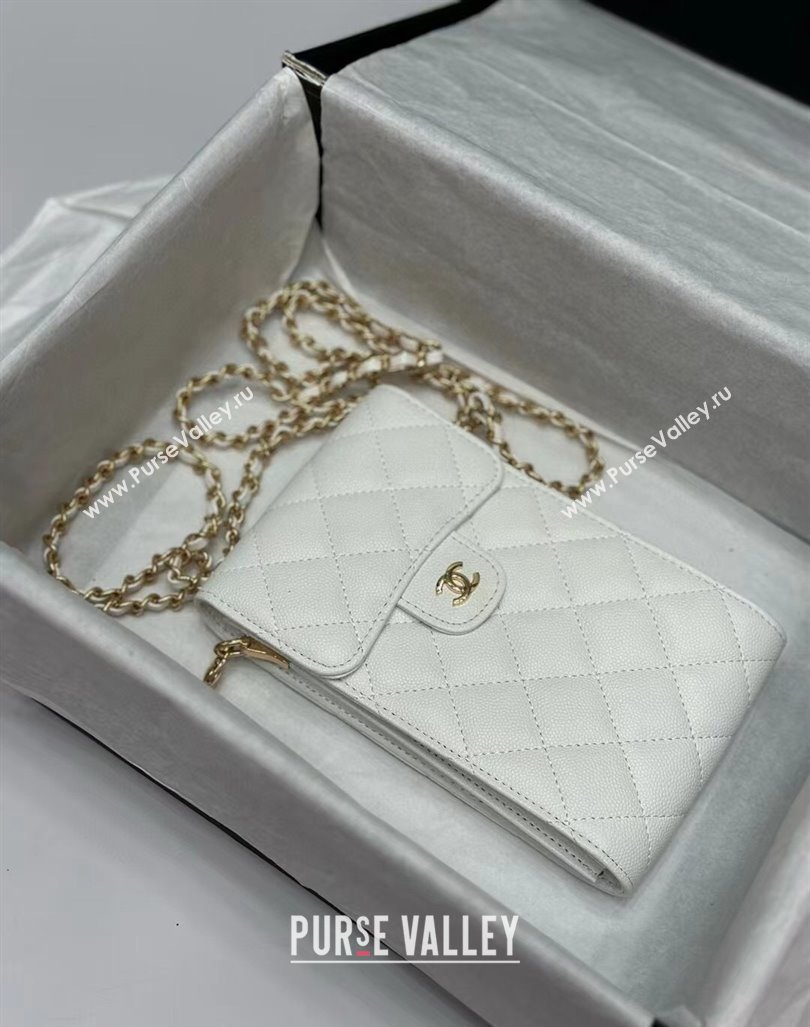 Chanel Grained Calfskin Phone Holder with Chain White/Gold 2024 0820 (99-240820050)