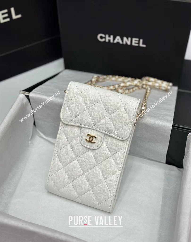 Chanel Grained Calfskin Phone Holder with Chain White/Gold 2024 0820 (99-240820050)