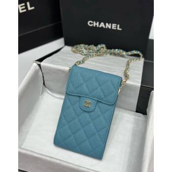 Chanel Grained Calfskin Phone Holder with Chain Blue 2024 0820 (99-240820051)