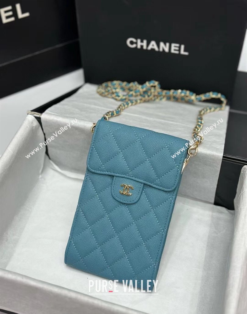 Chanel Grained Calfskin Phone Holder with Chain Blue 2024 0820 (99-240820051)