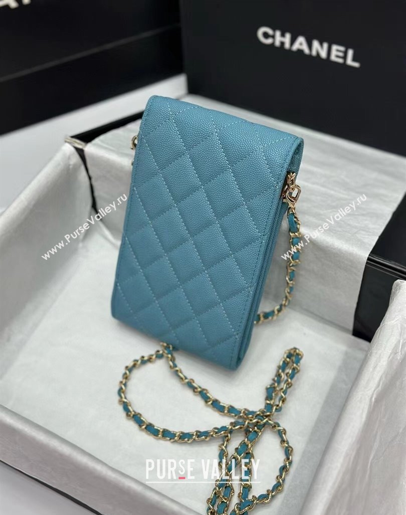 Chanel Grained Calfskin Phone Holder with Chain Blue 2024 0820 (99-240820051)