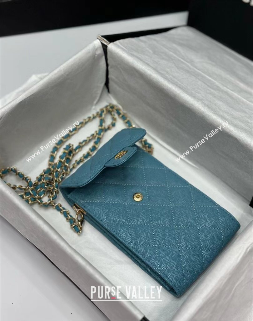 Chanel Grained Calfskin Phone Holder with Chain Blue 2024 0820 (99-240820051)