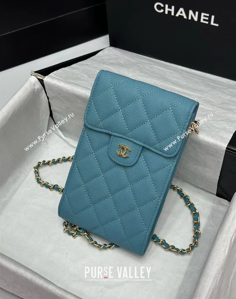 Chanel Grained Calfskin Phone Holder with Chain Blue 2024 0820 (99-240820051)