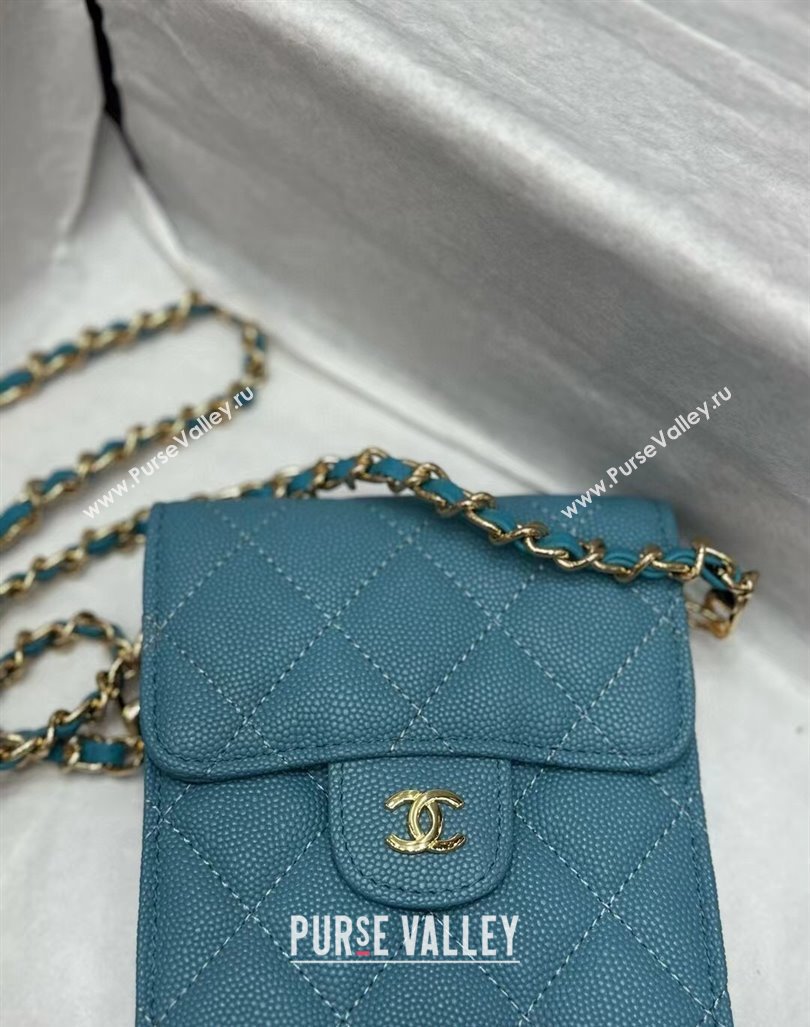 Chanel Grained Calfskin Phone Holder with Chain Blue 2024 0820 (99-240820051)