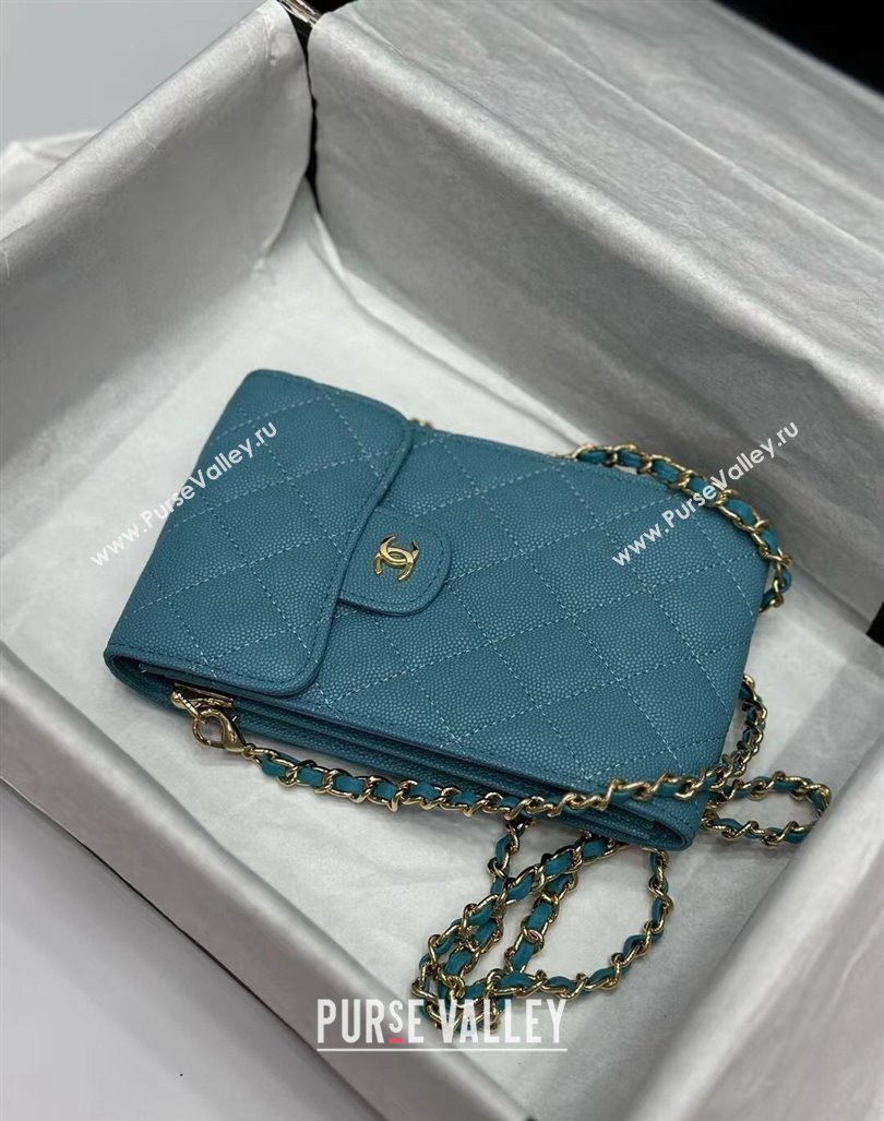 Chanel Grained Calfskin Phone Holder with Chain Blue 2024 0820 (99-240820051)