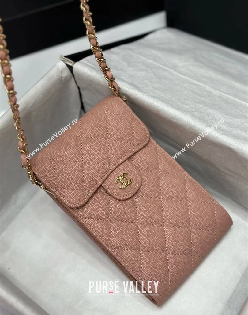 Chanel Grained Calfskin Phone Holder with Chain Light Pink 2024 0820 (99-240820052)