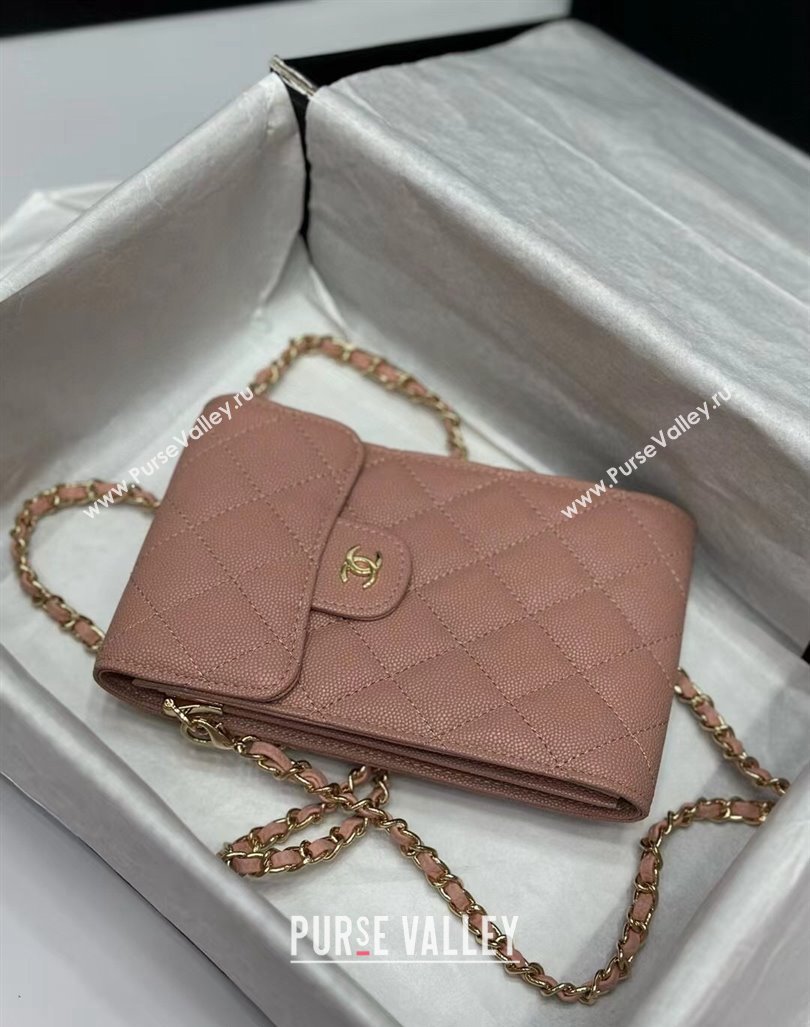 Chanel Grained Calfskin Phone Holder with Chain Light Pink 2024 0820 (99-240820052)