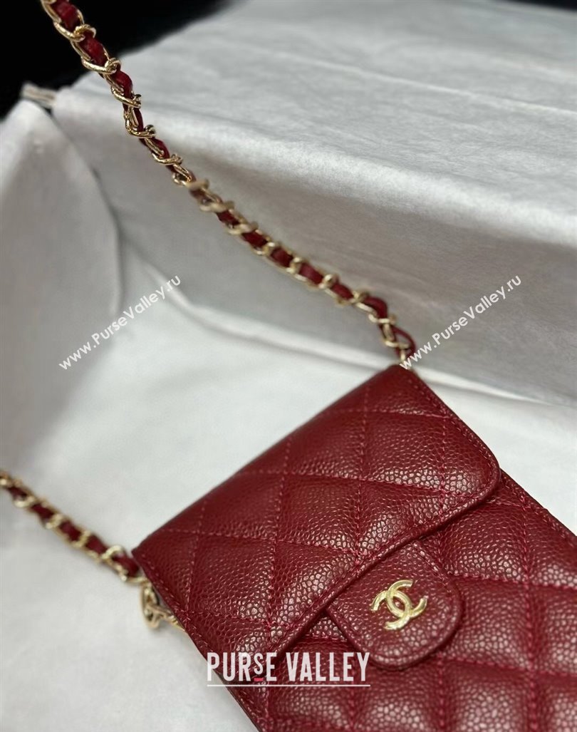 Chanel Grained Calfskin Phone Holder with Chain Burgundy 2024 0820 (99-240820053)