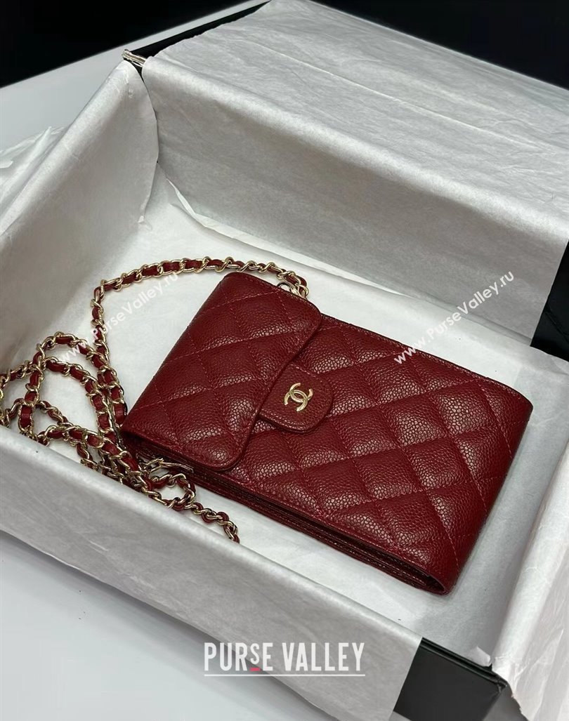 Chanel Grained Calfskin Phone Holder with Chain Burgundy 2024 0820 (99-240820053)