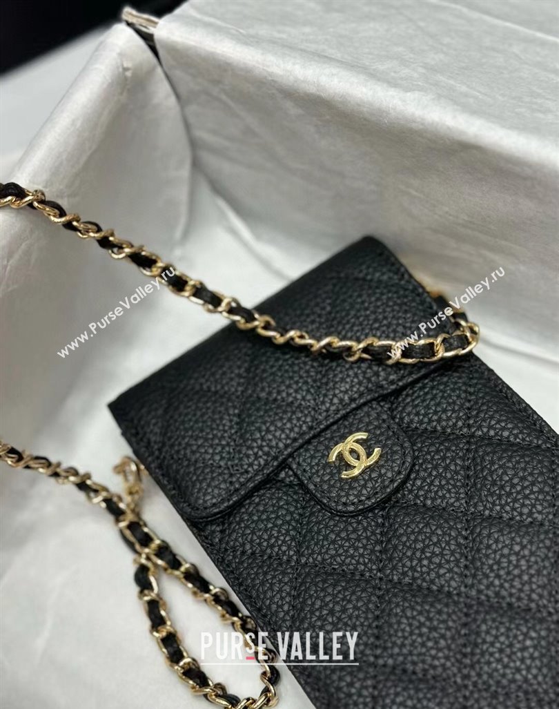 Chanel Grained Calfskin Phone Holder with Chain Black 2024 0820 (99-240820054)