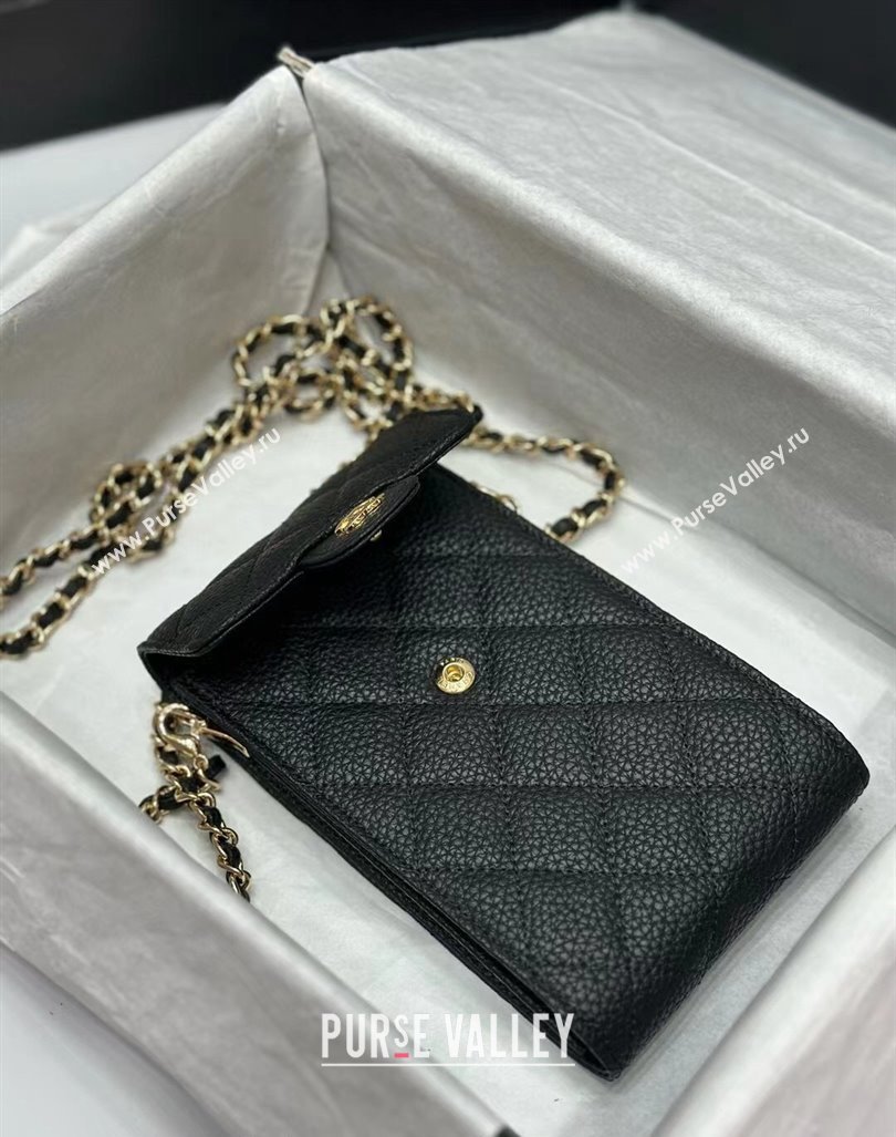 Chanel Grained Calfskin Phone Holder with Chain Black 2024 0820 (99-240820054)