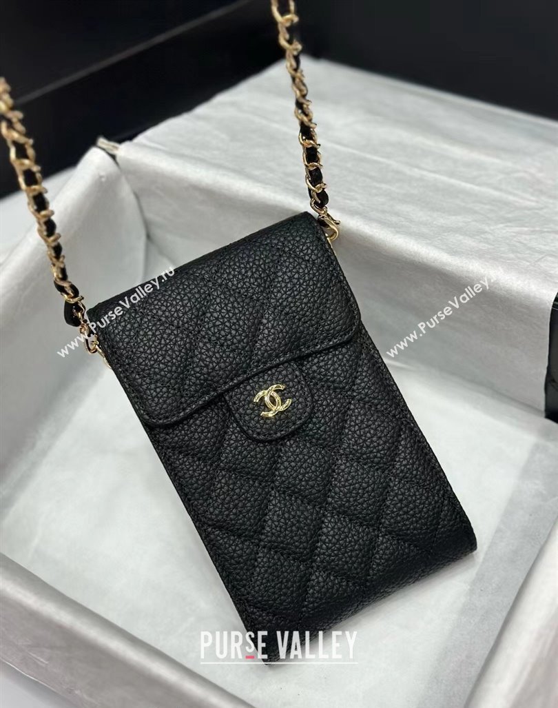 Chanel Grained Calfskin Phone Holder with Chain Black 2024 0820 (99-240820054)