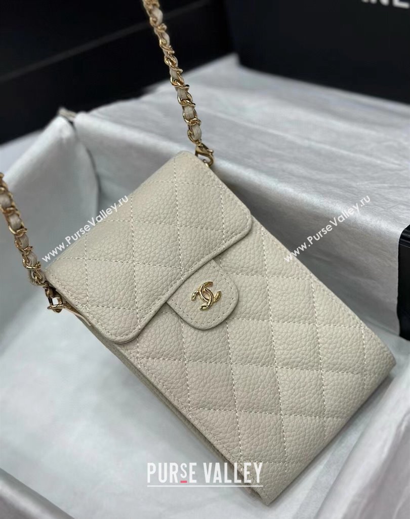 Chanel Grained Calfskin Phone Holder with Chain White2 2024 0820 (99-240820055)