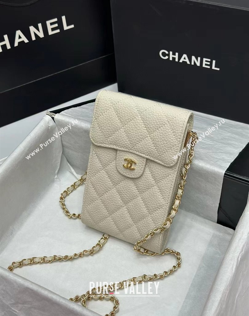 Chanel Grained Calfskin Phone Holder with Chain White2 2024 0820 (99-240820055)