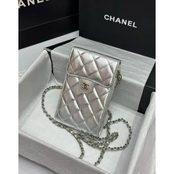 Chanel Calfskin Phone Holder with Chain Silver-Tone 2024 0820 (99-240820047)