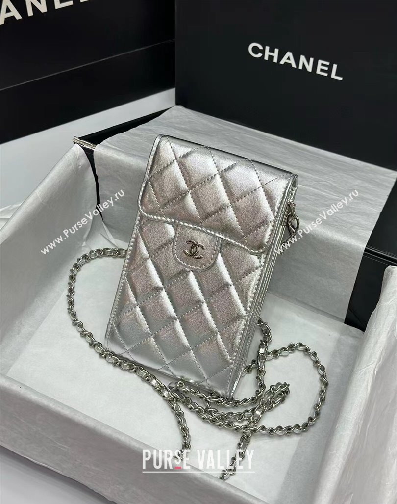 Chanel Calfskin Phone Holder with Chain Silver-Tone 2024 0820 (99-240820047)