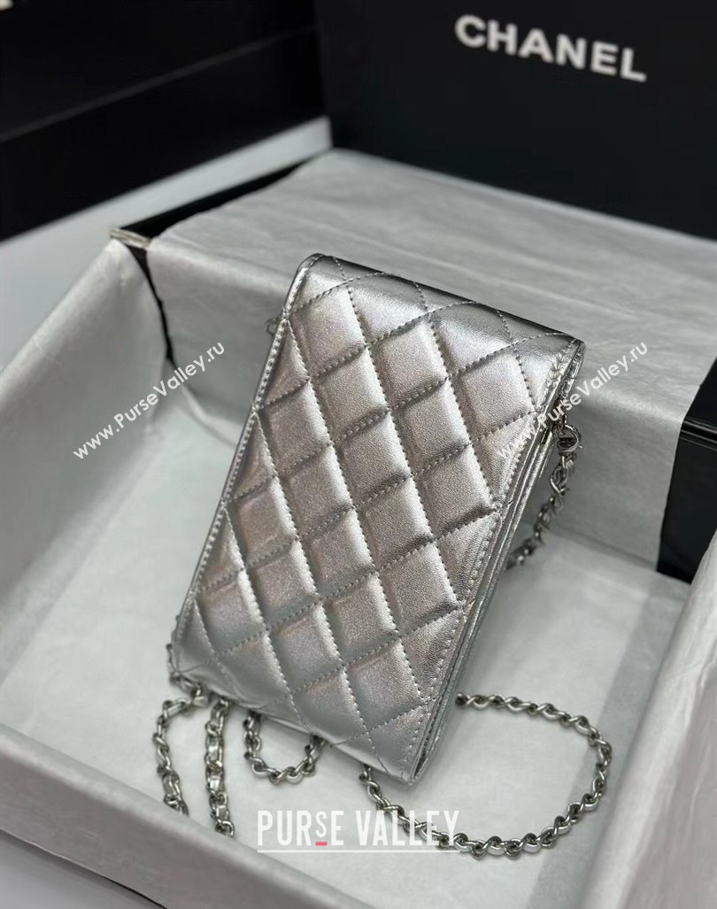 Chanel Calfskin Phone Holder with Chain Silver-Tone 2024 0820 (99-240820047)