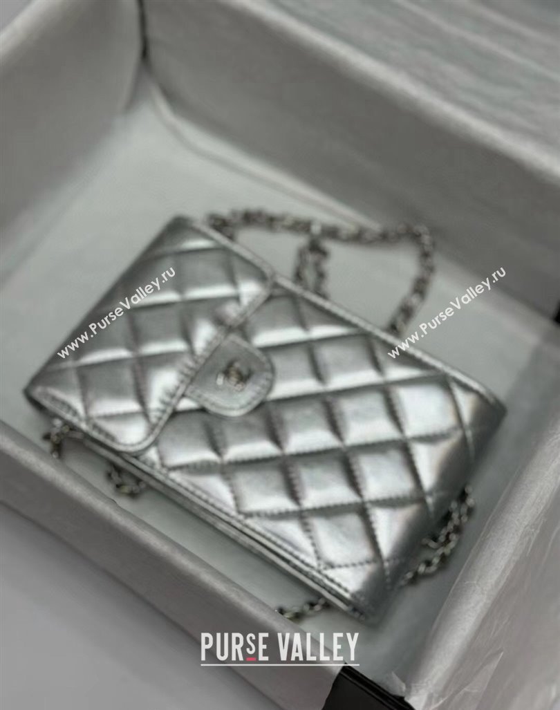 Chanel Calfskin Phone Holder with Chain Silver-Tone 2024 0820 (99-240820047)