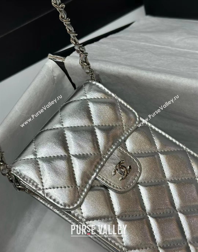 Chanel Calfskin Phone Holder with Chain Silver-Tone 2024 0820 (99-240820047)