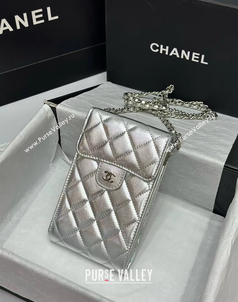 Chanel Calfskin Phone Holder with Chain Silver-Tone 2024 0820 (99-240820047)