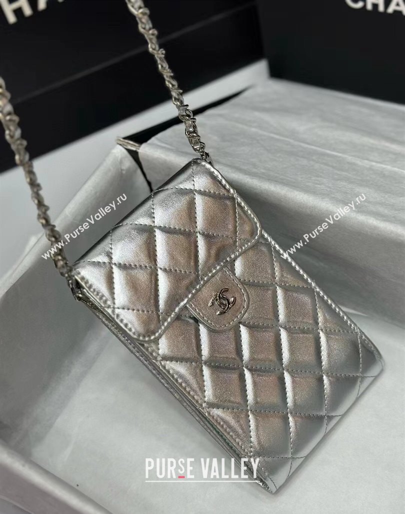 Chanel Calfskin Phone Holder with Chain Silver-Tone 2024 0820 (99-240820047)