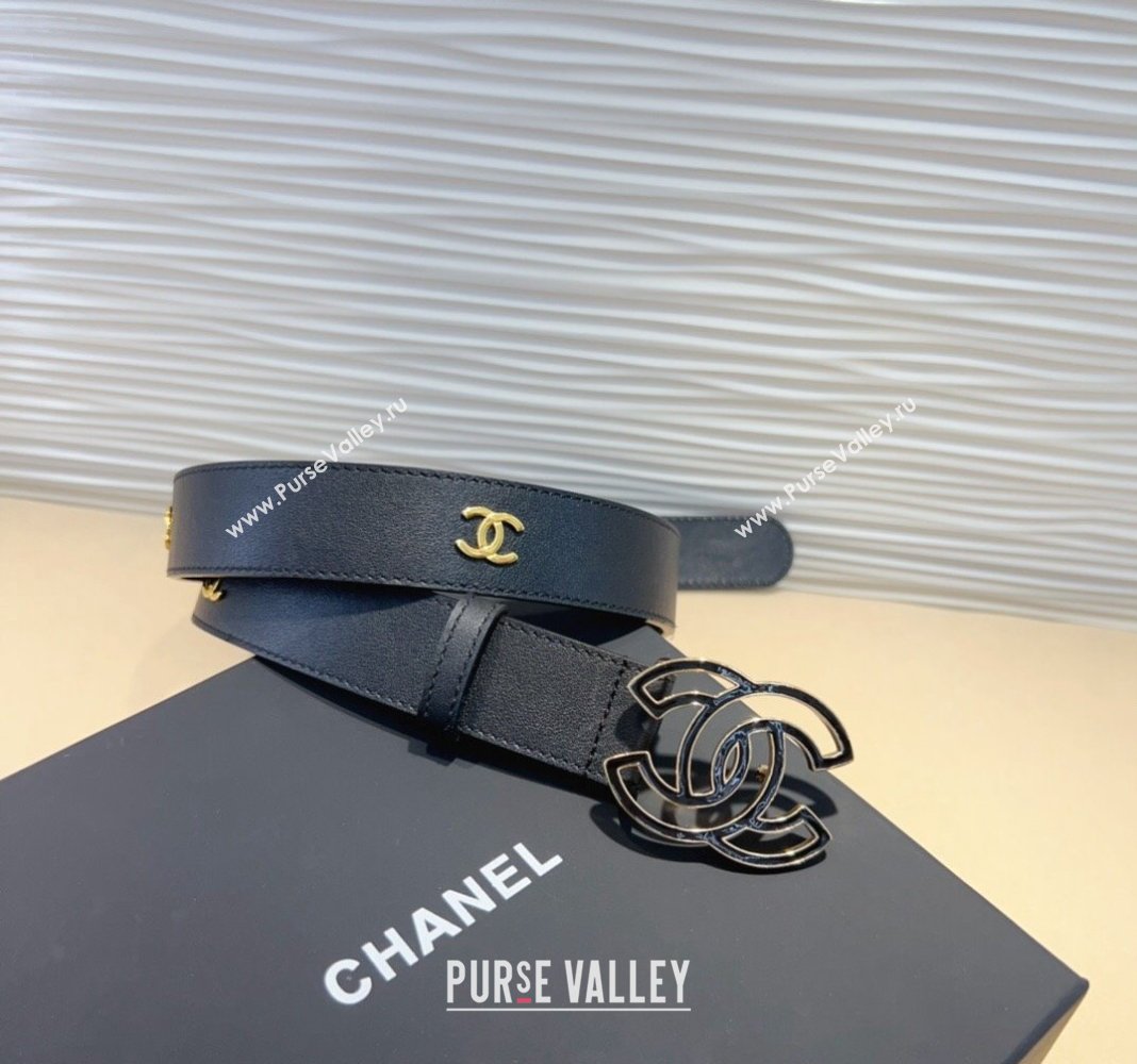 Chanel Calfskin Belt 3cm with Clear CC Buckle Black/CC 2024 0820 (99-240820017)