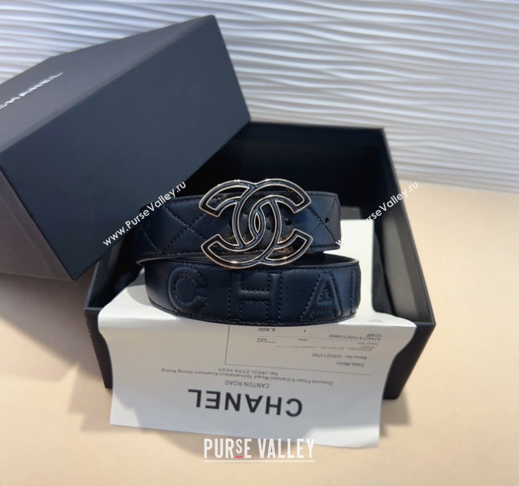 Chanel Quilted Calfskin Belt 3cm with Clear CC Buckle Black 2024 0820 (99-240820018)